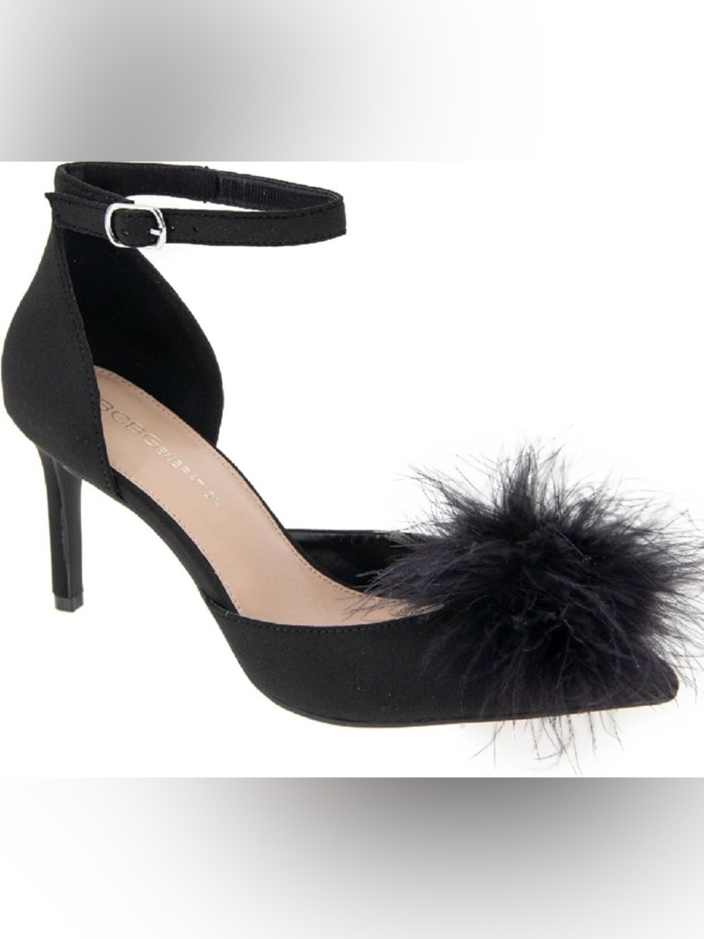 BCBGeneration Women’s Black Abiny Faux Feather Ankle Strap Pumps. Size: 8 US